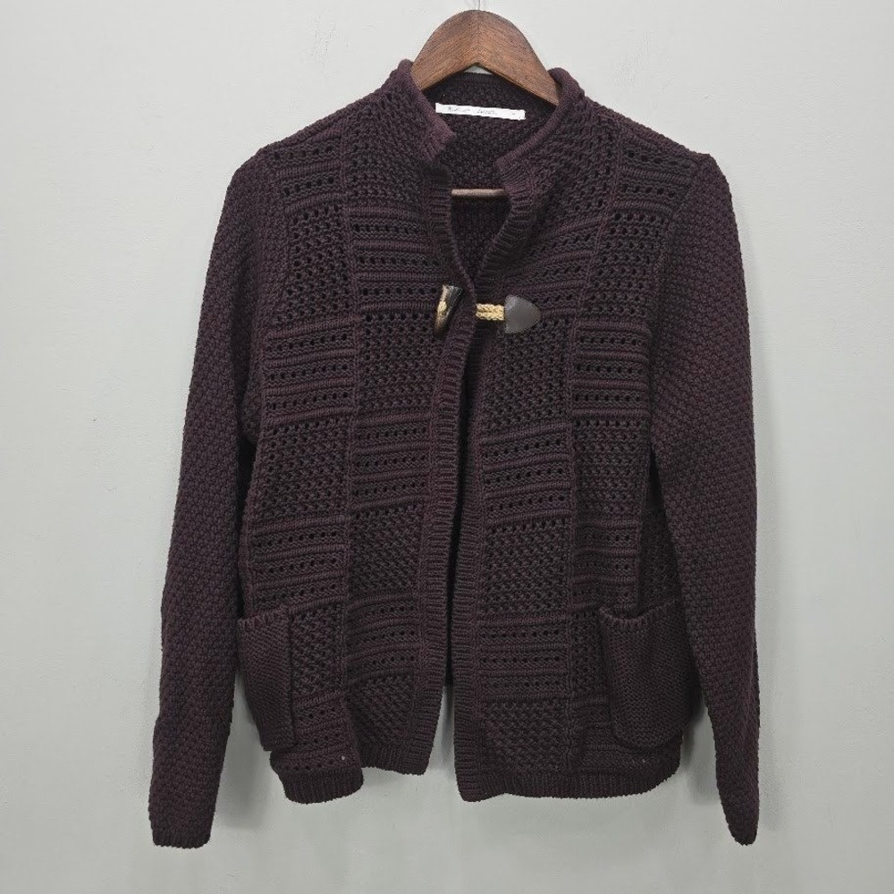 Woolrich Knit Cardigan Sweater L Plum Toggle‎ Pockets Open Patchwork Knit